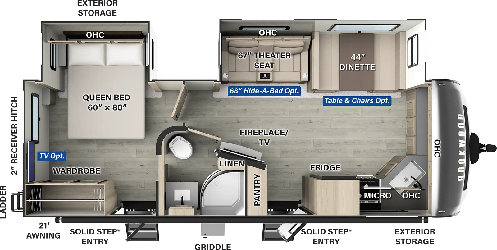 The Rockwood Ultra Lite Travel Trailers 2608BS has two entries and two slide outs. Exterior features include: fiberglass exterior and 21' awning. Interiors features include: front kitchen, free-standing dinette option and rear bedroom.